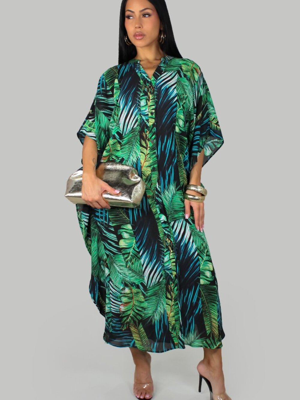 Vacation Palms Immerse Shirt Dress- Green/Multi